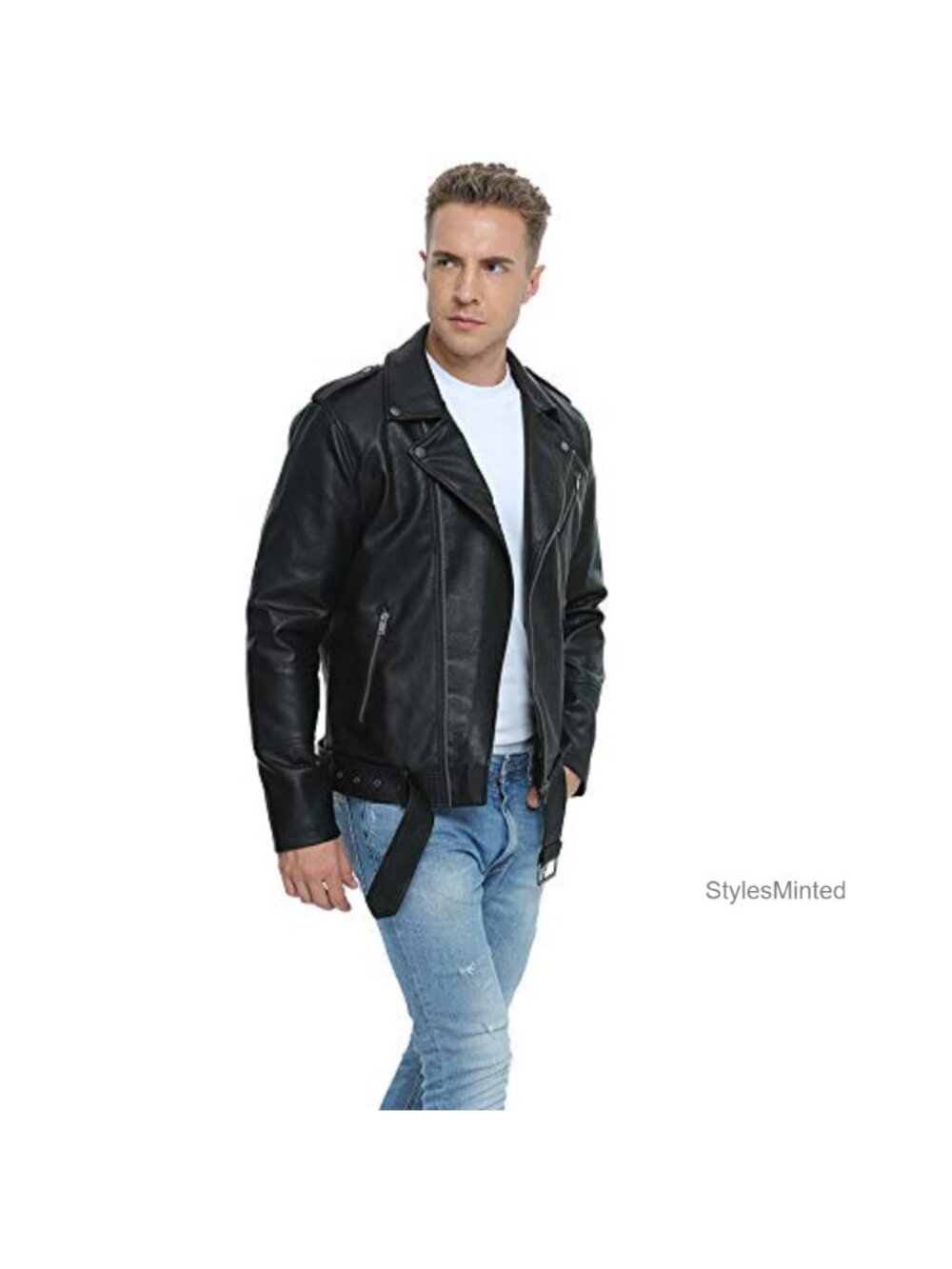Faux Leather Bomber Jacket Men Motorcycle Lapel Asymmetric Zip-Up Belt Slim Fit - Picture 3 of 5